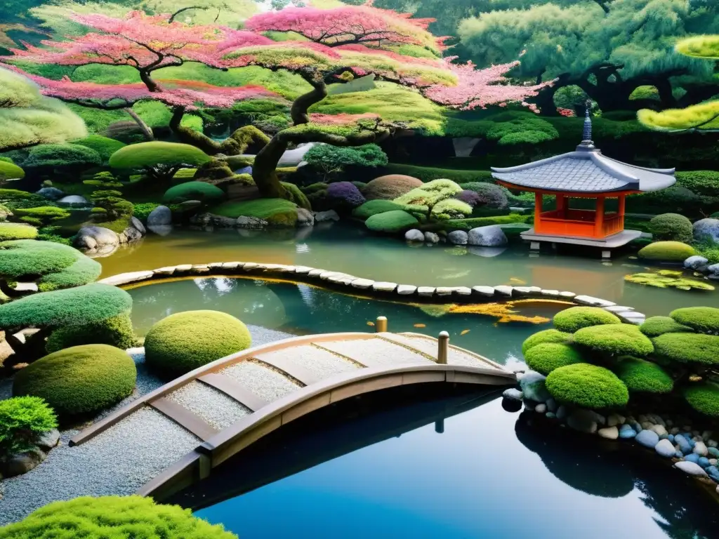 Diseño de jardines sustentables Feng Shui: Jardín japonés sereno con sendero, casa de té, bonsáis y estanque con peces koi
