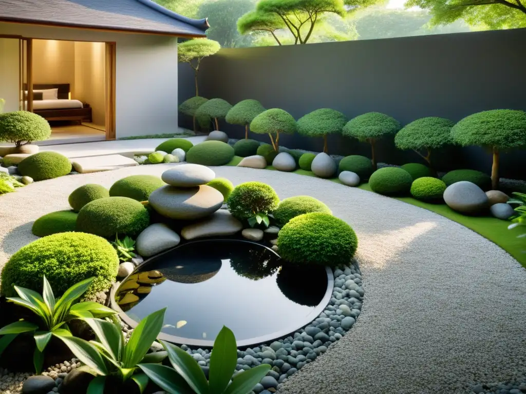 Diseño de jardines sustentables Feng Shui: Jardín sereno con rocas, estanque tranquilo y exuberante vegetación podada, creando armonía y calma