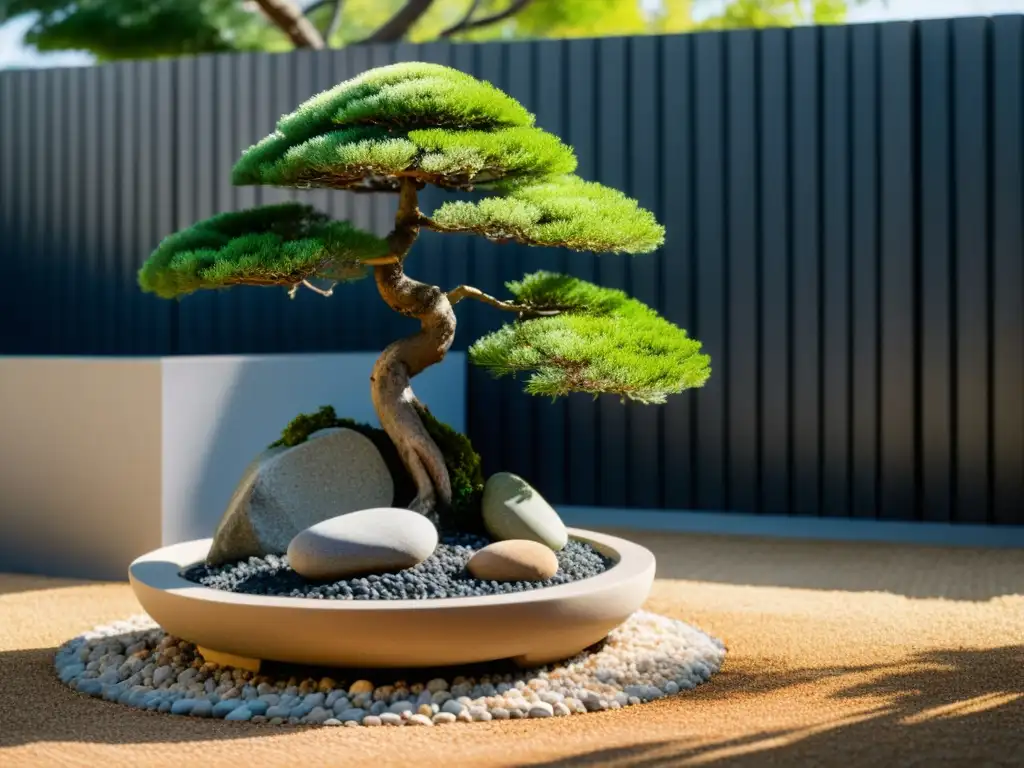 Diseño de jardines sustentables Feng Shui: Jardín sereno con bonsái, rocas y fuente, irradia paz y armonía