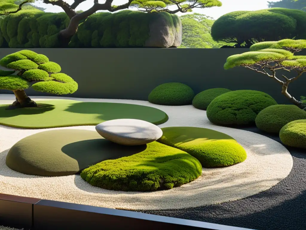 Diseño de jardines sustentables Feng Shui: Jardín japonés sereno con rocas, grava y bonsáis podados, transmitiendo armonía y equilibrio