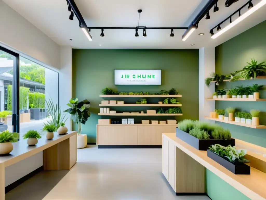 Diseño de tienda con principios de Feng Shui, armonioso y equilibrado, con materiales naturales y buena energía