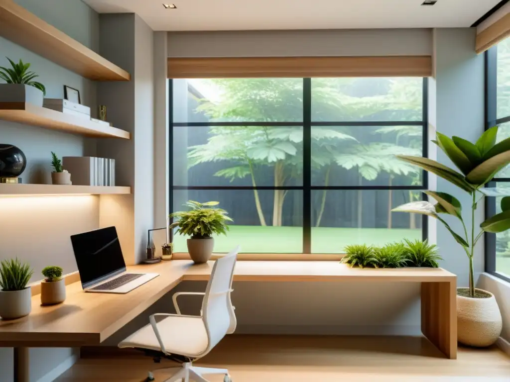 Diseño de oficina Feng Shui: Espacio de trabajo minimalista con vista a un apacible jardín, escritorio despejado y elementos de armonía