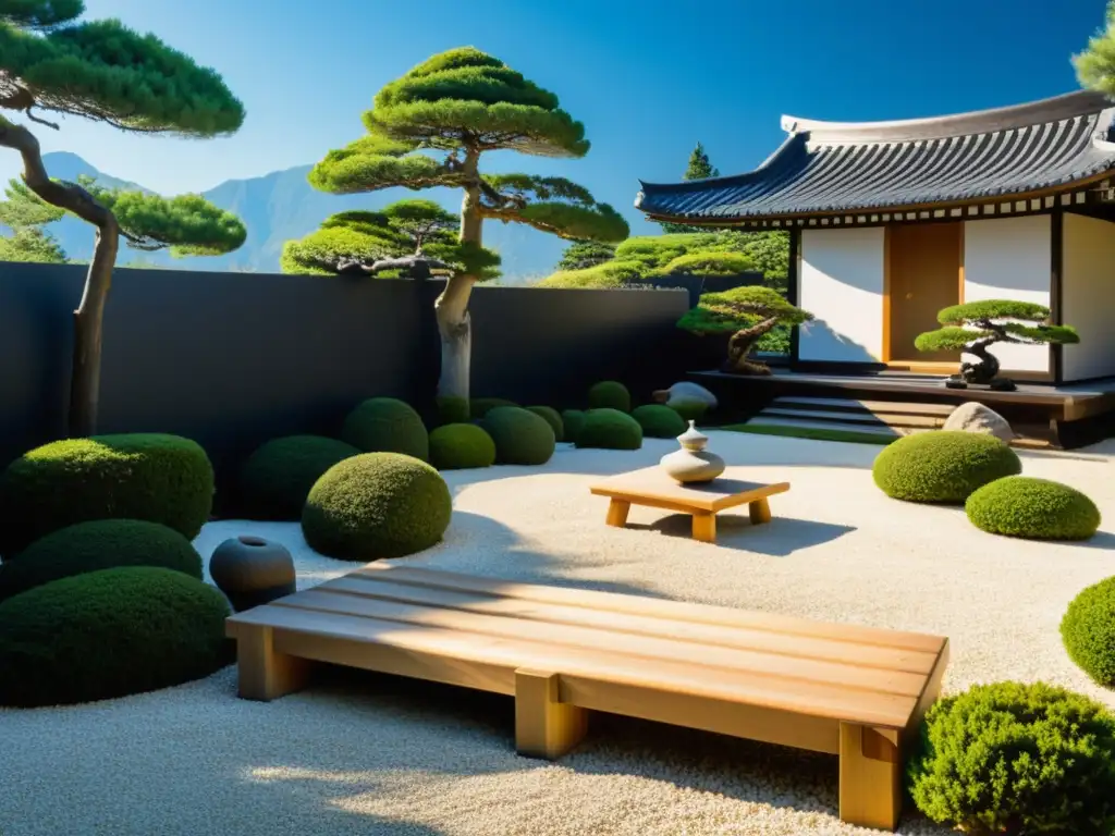 Diseño de jardines Feng Shui: Un jardín zen tranquilo con gravilla blanca cuidadosamente rastrillada, bonsáis podados y una pagoda de piedra