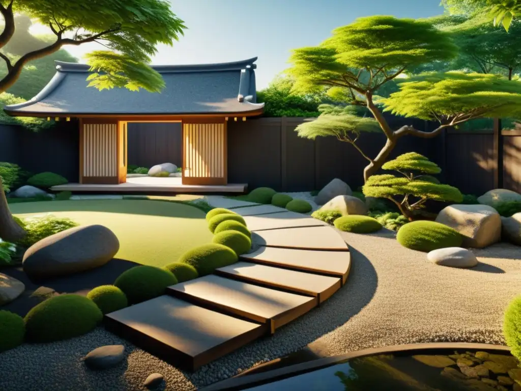 Diseño de jardines exteriores Feng Shui: Jardín japonés tranquilo con rocas, estanque y sendero serpenteante hacia una puerta de madera