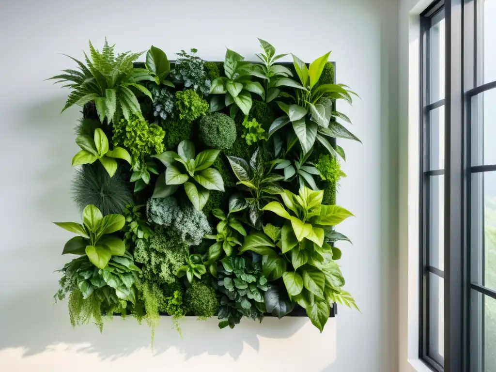 Diseño de jardines verticales Feng Shui: un jardín sereno y minimalista con exuberante vegetación organizada en armonía, equilibrio y tranquilidad