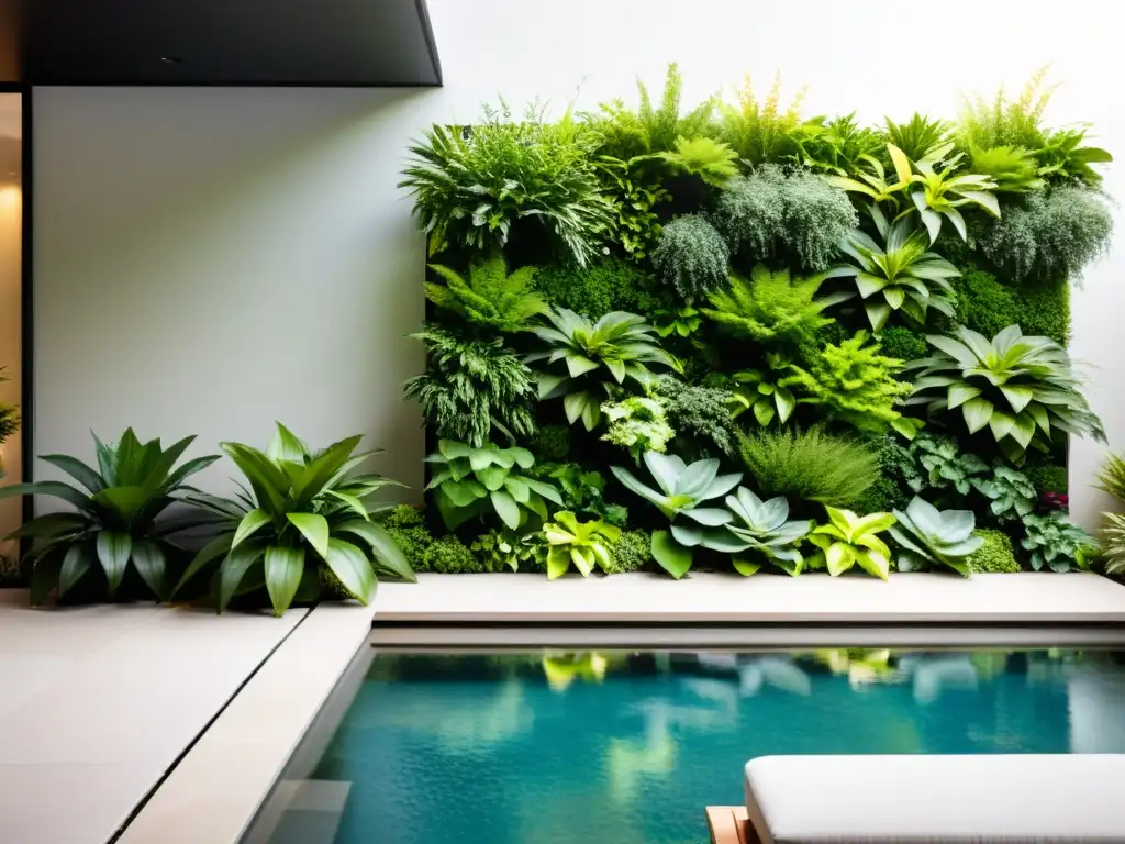 Diseño de jardines verticales Feng Shui: Un jardín sereno con pared verde, plantas vibrantes y atmósfera calmante