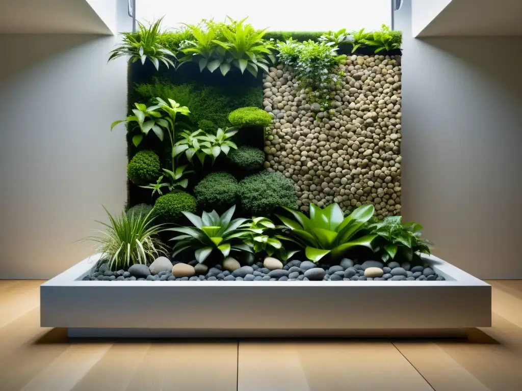 Diseño de jardines verticales Feng Shui: Sereno jardín vertical con equilibrio de vegetación exuberante, agua y rocas