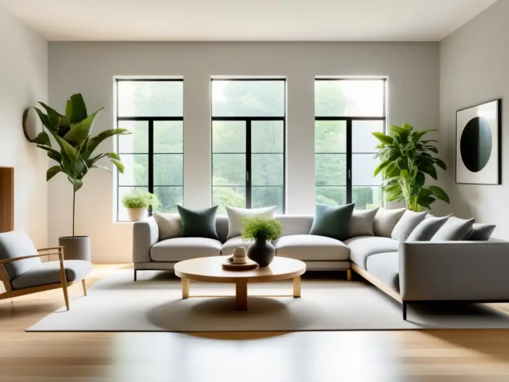 Diseño de vivienda con Feng Shui: Amplia sala de estar minimalista, luminosa y serena, con muebles sencillos y toques de vegetación