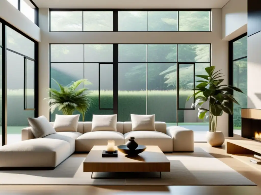 Diseño de vivienda con Feng Shui: Sala minimalista con luz natural, plantas y equilibrio en decoración