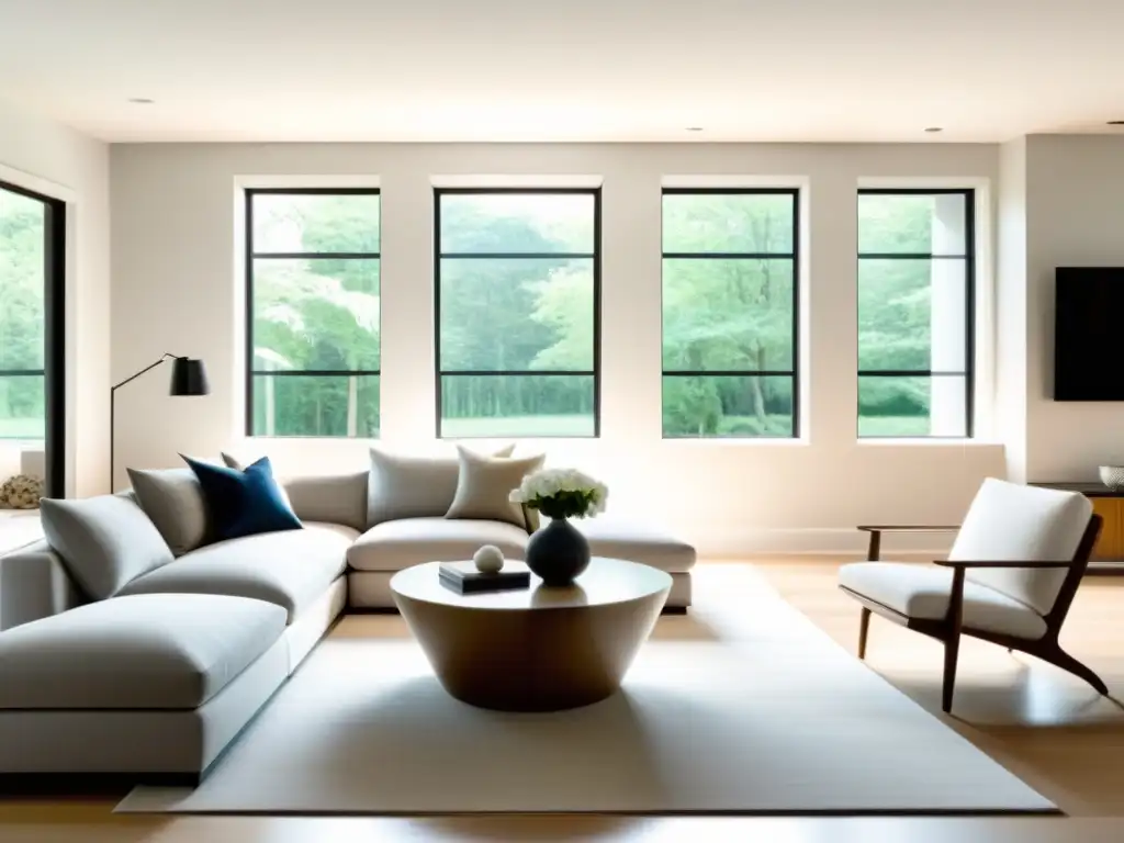 Diseño de vivienda con Feng Shui: Sala minimalista serena, con luz natural y decoración armoniosa que invita a la tranquilidad y la elegancia moderna