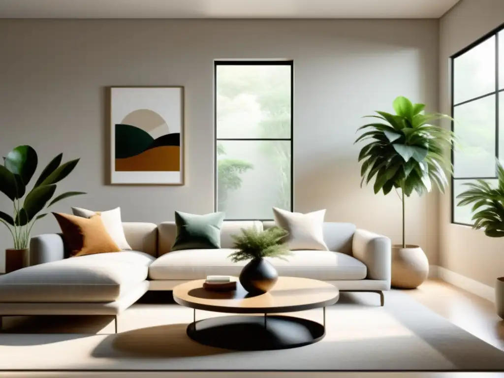 Diseño de vivienda con Feng Shui: Sala minimalista serena con luz natural y decoración armoniosa