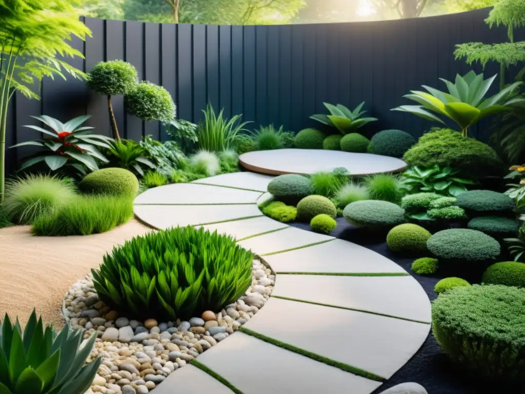 Diseños exteriores armonizados Feng Shui: Jardín sereno con caminos de piedra, plantas y estanque, iluminado por la suave luz del sol