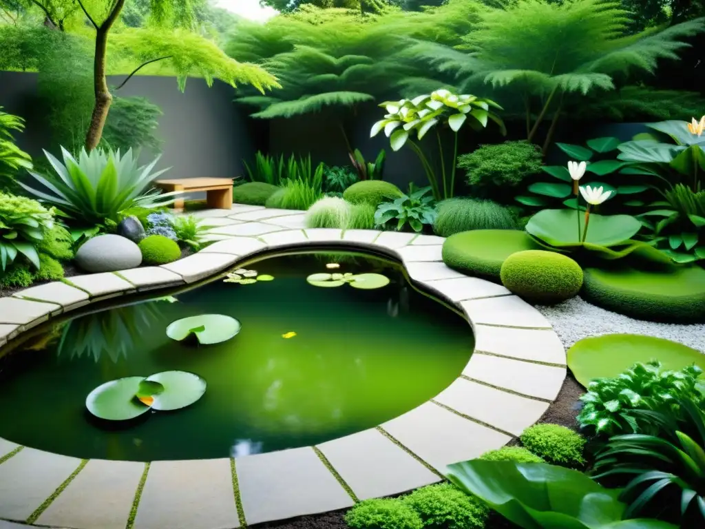 Diseños exteriores armonizados Feng Shui: Jardín tranquilo con senderos de piedra, estanque con nenúfares y exuberante vegetación