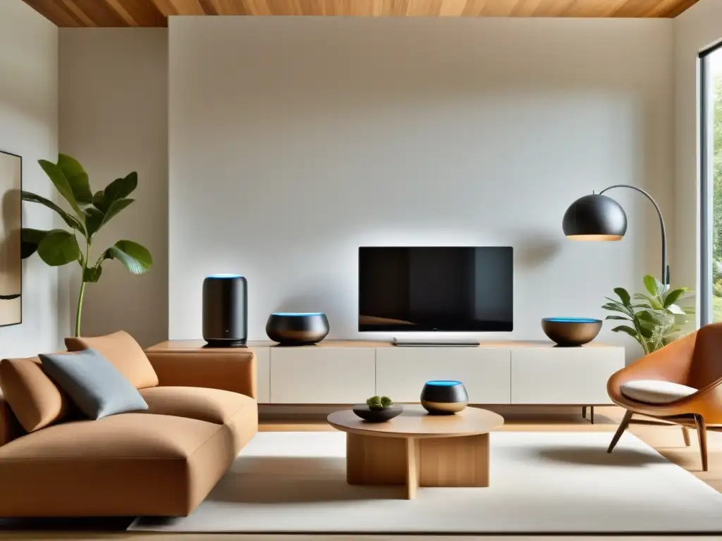 Disposición de dispositivos Bluetooth y WiFi en un salón sereno y minimalista, integrados armoniosamente en la decoración