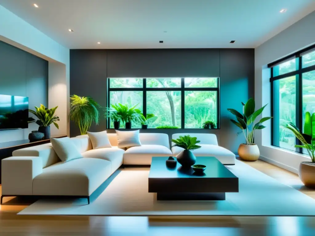 Feng Shui y domótica para hogar: Sala minimalista con mobiliario moderno, iluminación suave y plantas en interiores para crear armonía