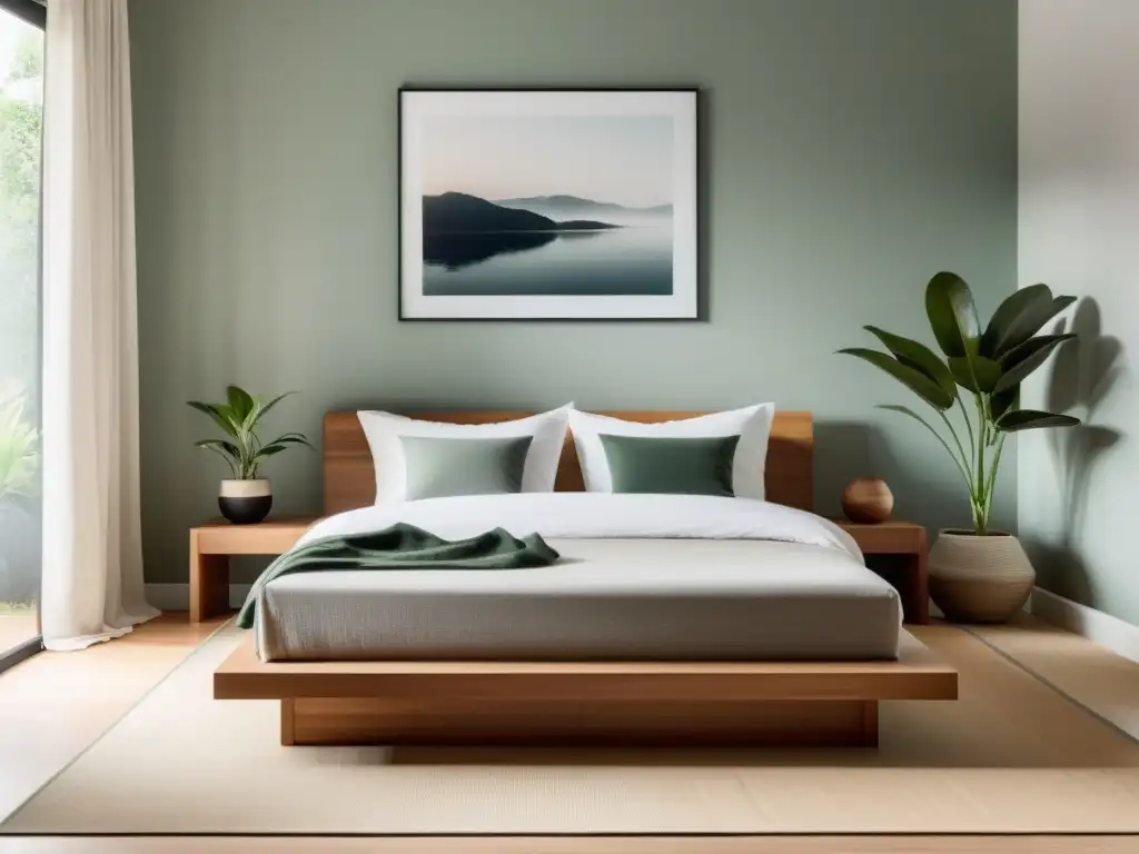 Diseño dormitorio armonizado Feng Shui: Habitación serena con cama baja de madera, ropa de cama neutra y luz suave