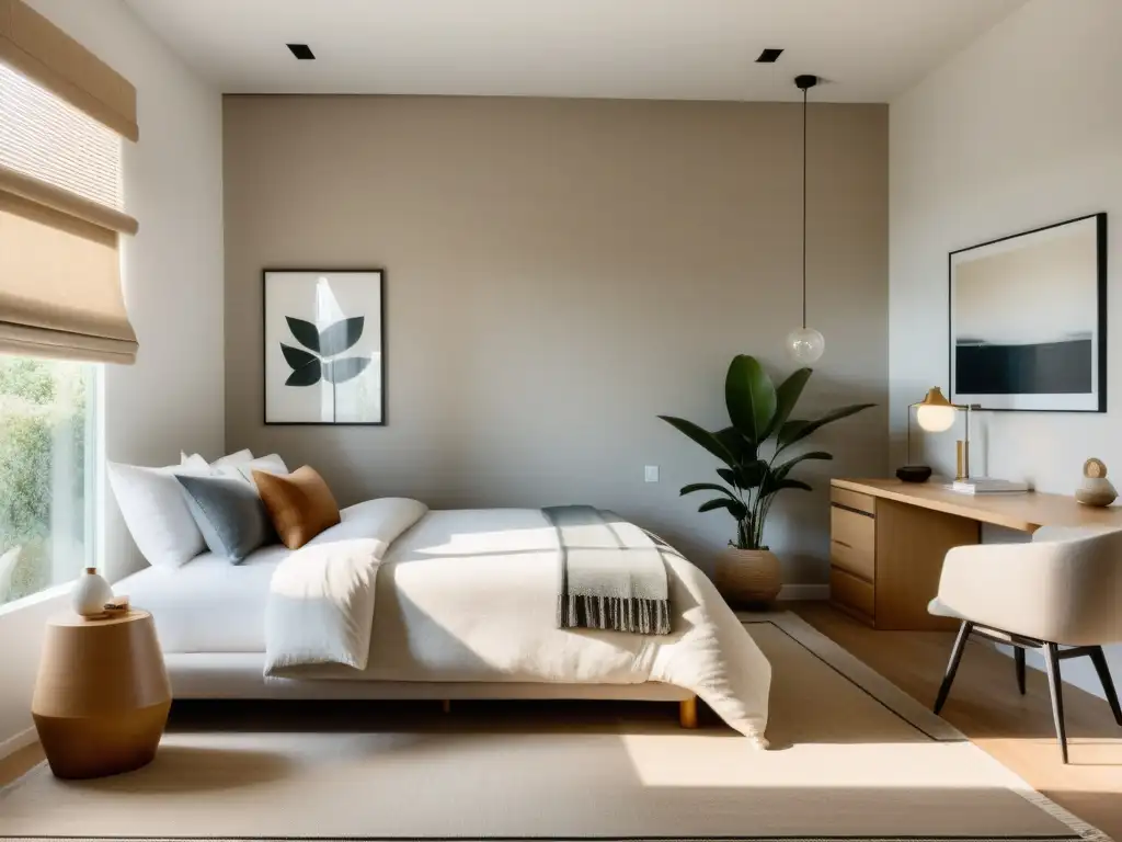 Diseño dormitorio armonizado Feng Shui: Habitación minimalista con paleta de colores neutros, texturas naturales y elementos de feng shui