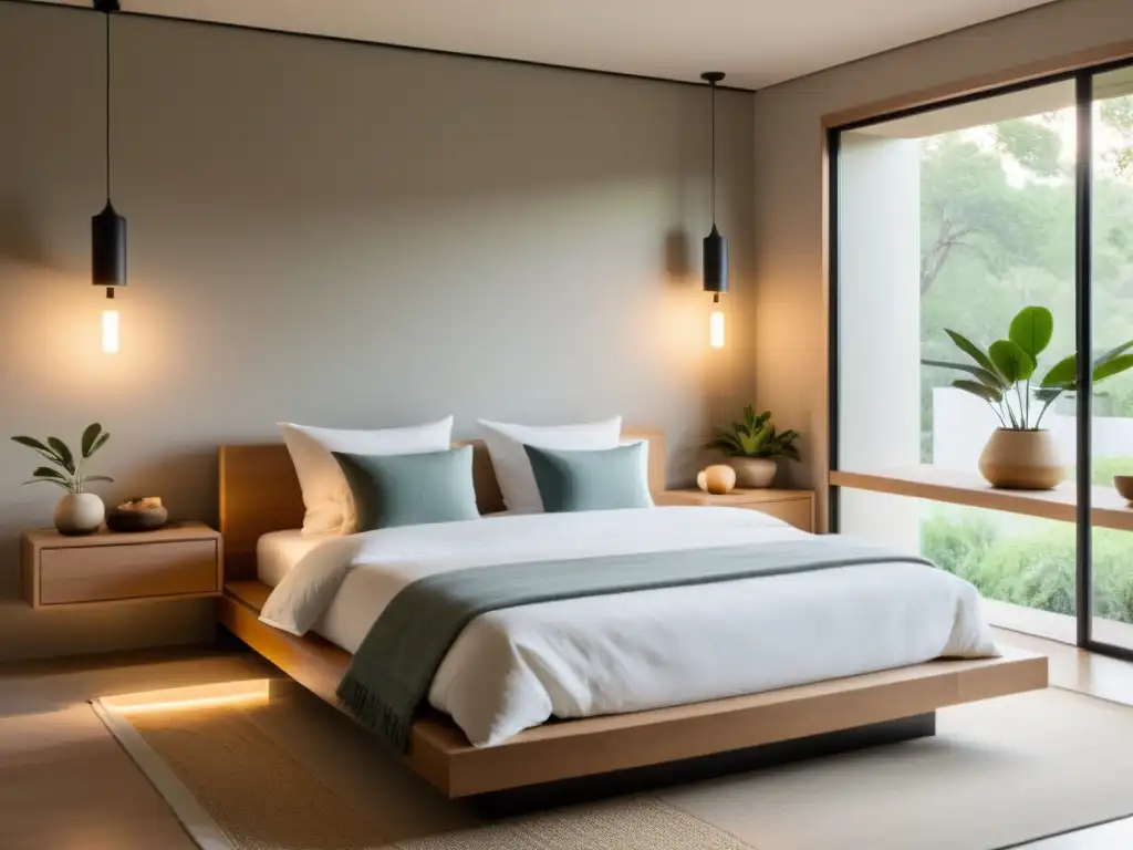 Diseño dormitorio Feng Shui: Elegante habitación con cama confortable, iluminación cálida y decoración armoniosa