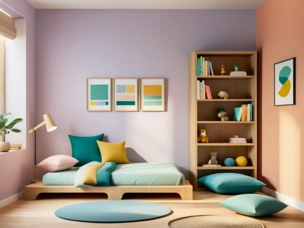 Un dormitorio infantil minimalista con elementos de Feng Shui para niños creatividad, muebles de madera natural y ambiente tranquilo en tonos suaves