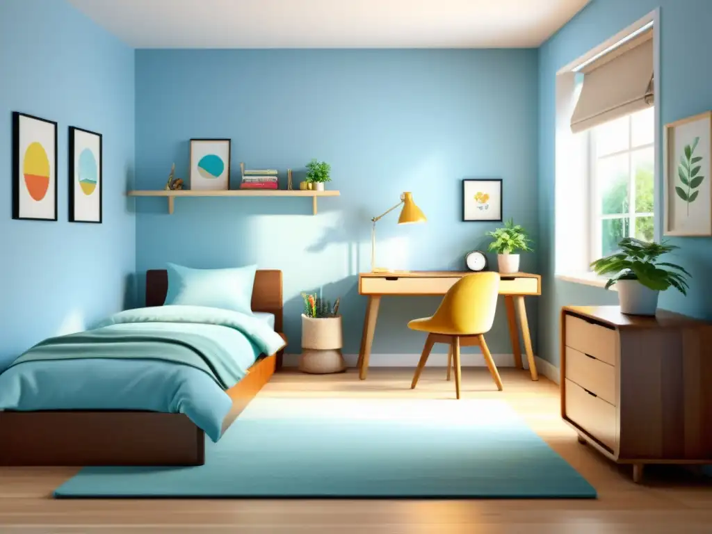 Un dormitorio infantil minimalista y sereno con colores en Feng Shui para niños, decoración calmada y luz natural suave