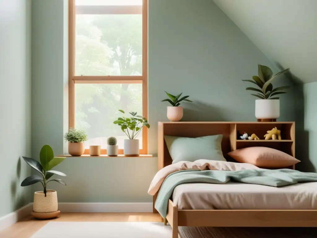 Un dormitorio infantil minimalista y tranquilo, con colores suaves, luz natural y juguetes ordenados