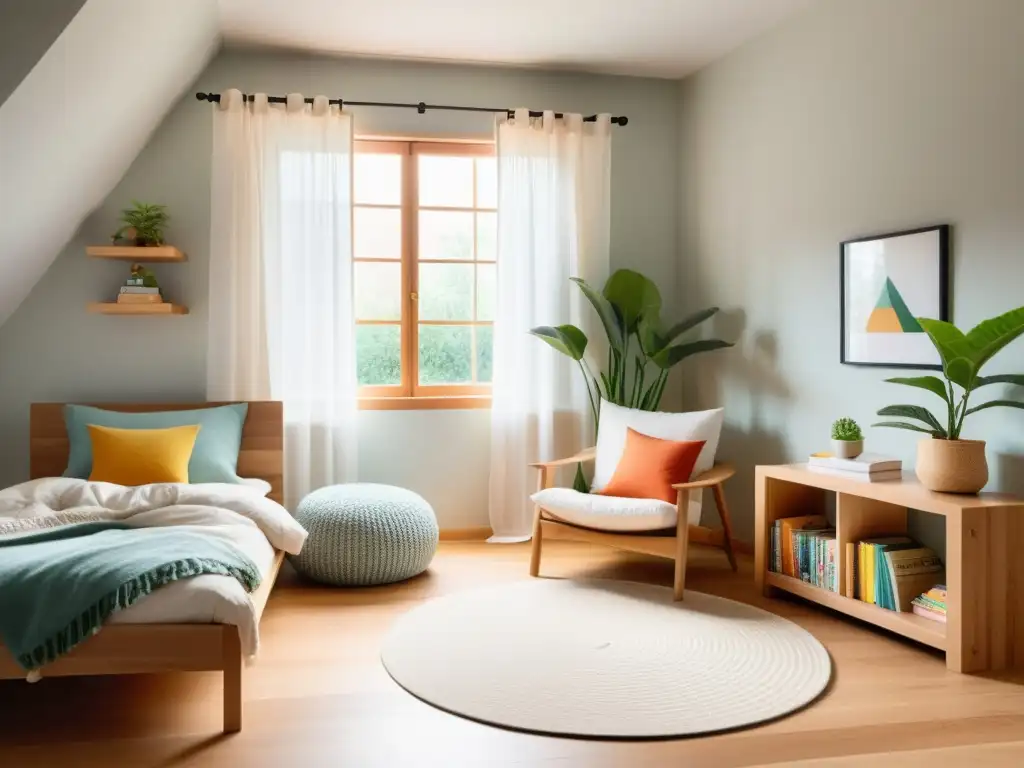 Dormitorio infantil sereno y ecológico con muebles de madera natural, ropa de cama de algodón orgánico y plantas