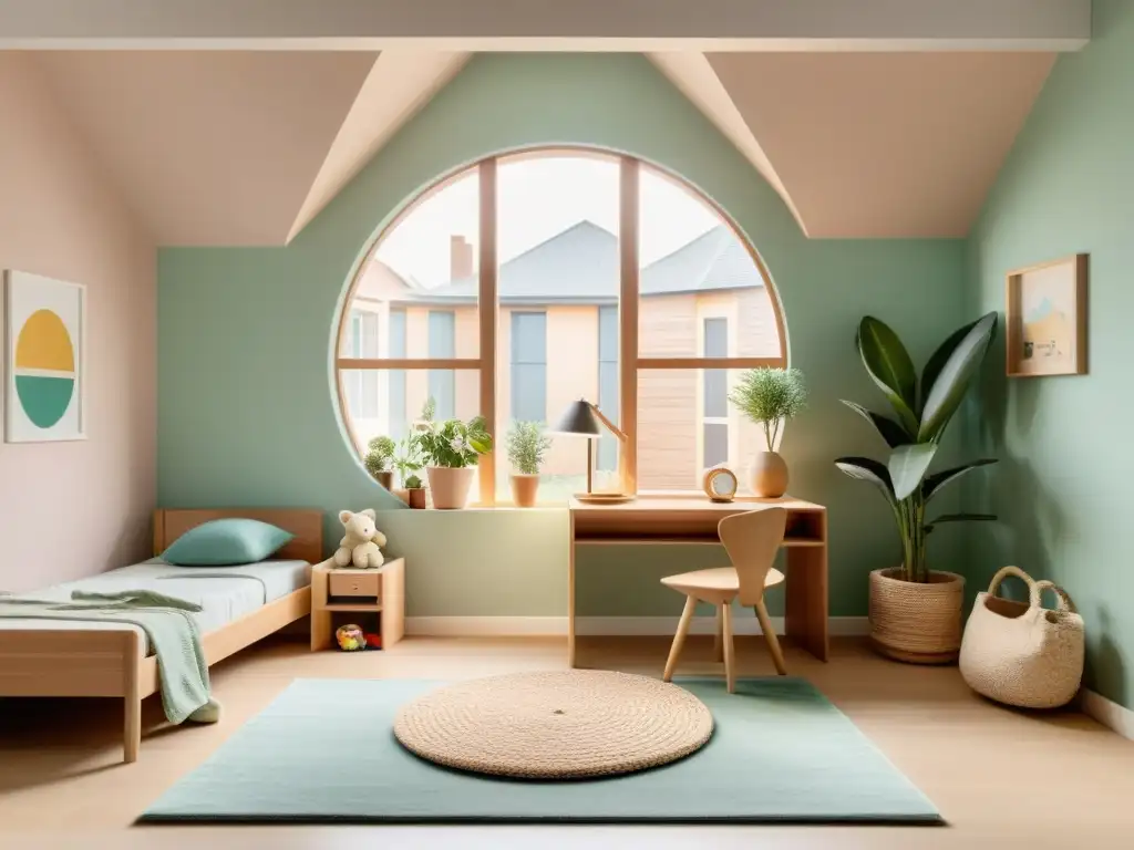 Un dormitorio infantil sereno y minimalista con mobiliario de madera natural y una decoración suave en tonos pastel