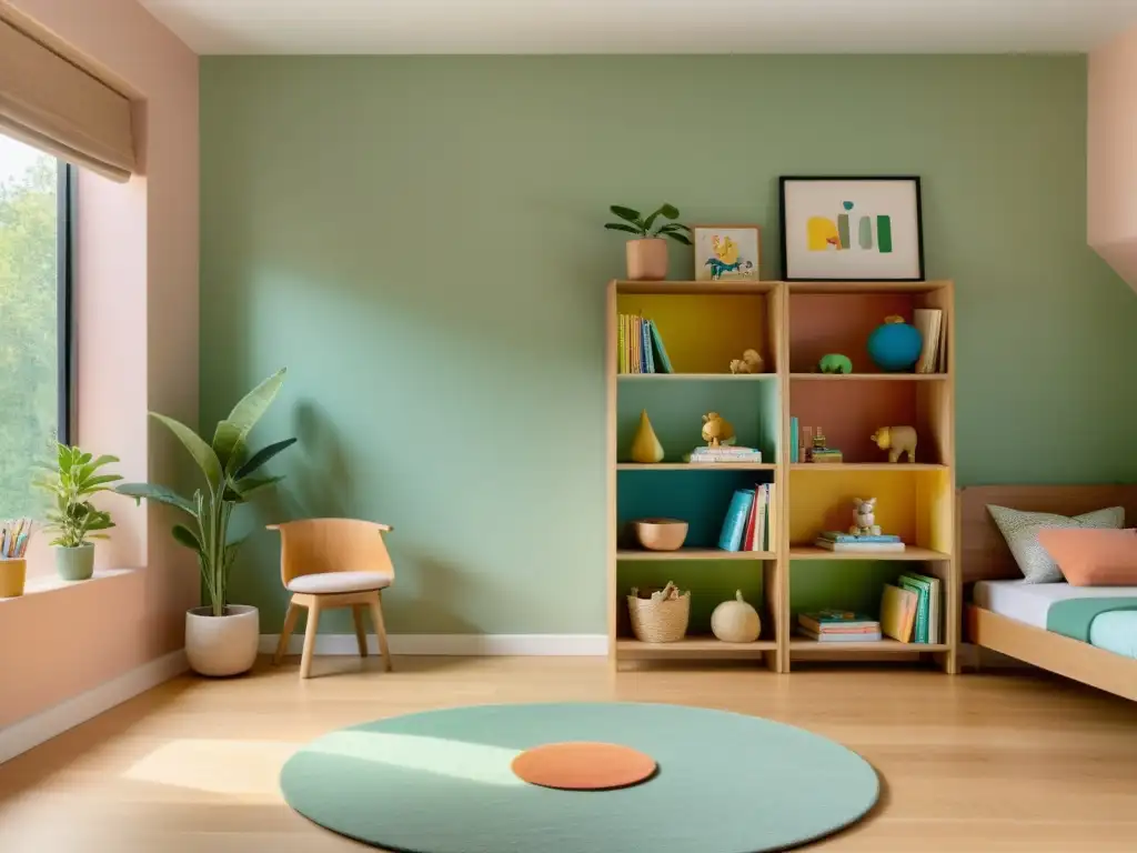 Un dormitorio infantil sereno y minimalista con elementos de Feng Shui para creatividad, libros coloridos y un espacio de juego amplio y tranquilo