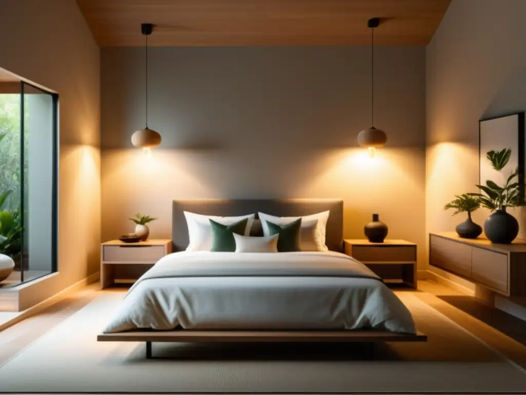 Un dormitorio minimalista con iluminación armoniosa en Feng Shui, brinda serenidad y equilibrio