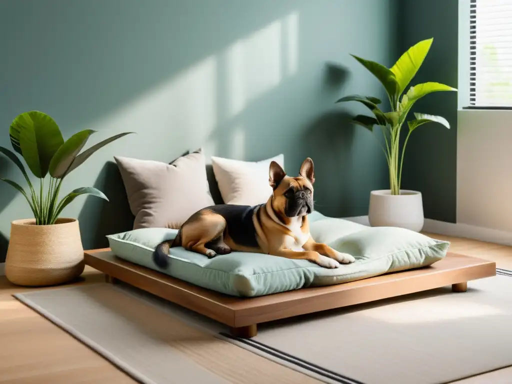 Un dormitorio minimalista con cama de mascota en armonía según principios de Feng Shui para la cama de mascota, rodeado de elementos calmantes