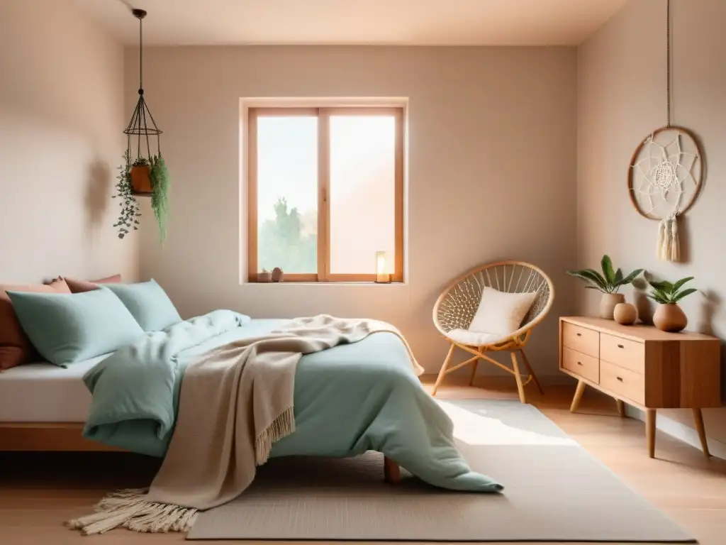 Un dormitorio minimalista con decoración suave y acogedora, bañado en luz natural