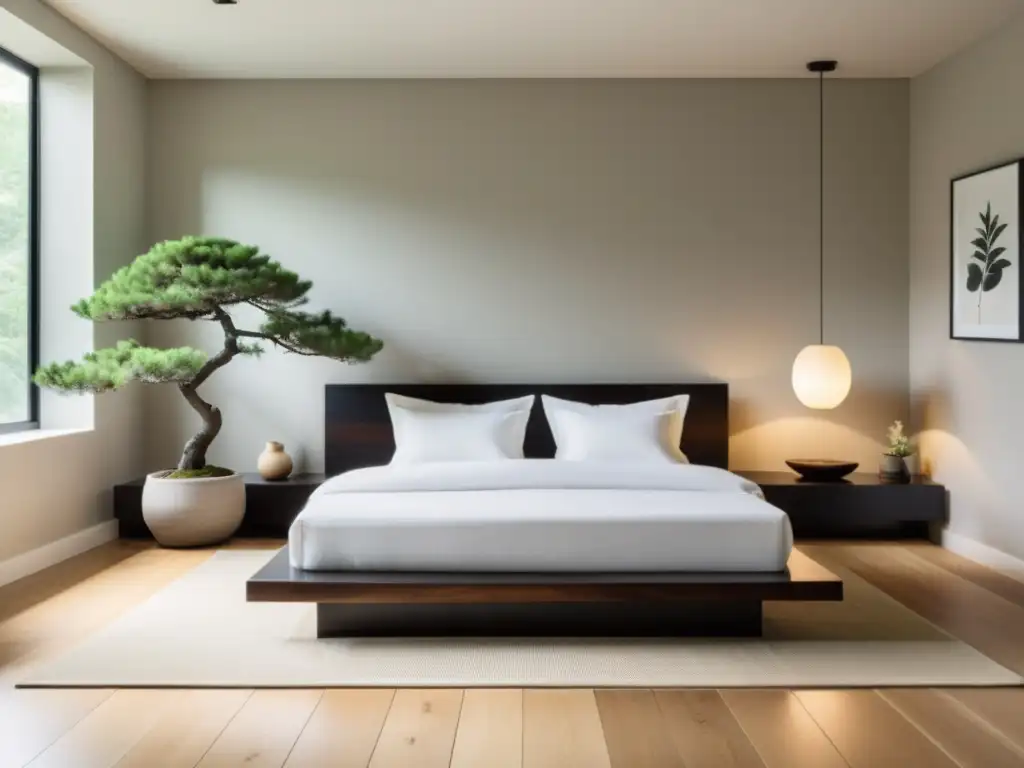 Un dormitorio minimalista con Feng Shui para dormitorio minimalista, decorado en tonos neutros y con una atmósfera tranquila y serena