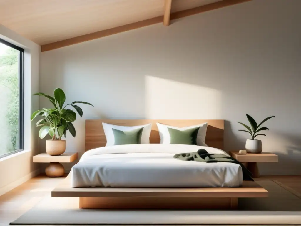 Un dormitorio minimalista con elementos de Feng Shui para dormitorio minimalista, una cama baja de madera clara y detalles sencillos