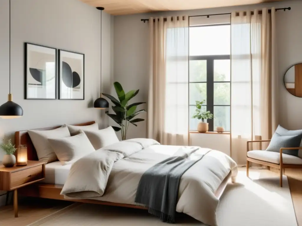 Un dormitorio minimalista con equilibrio hormonal mediante decoración Feng Shui, tonos suaves y luz natural