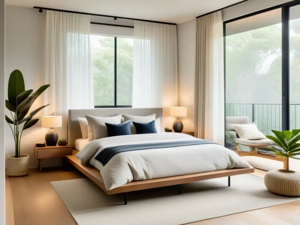 Un dormitorio minimalista con equilibrio hormonal mediante decoración Feng Shui: luz natural, colores suaves y elementos naturales crean armonía