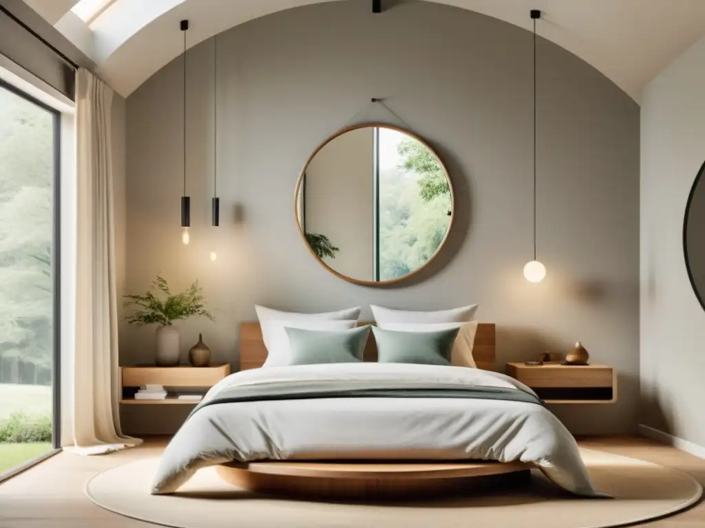 Un dormitorio minimalista con espejos frente a la cama Feng Shui, reflejando la armonía de la naturaleza a través de la ventana