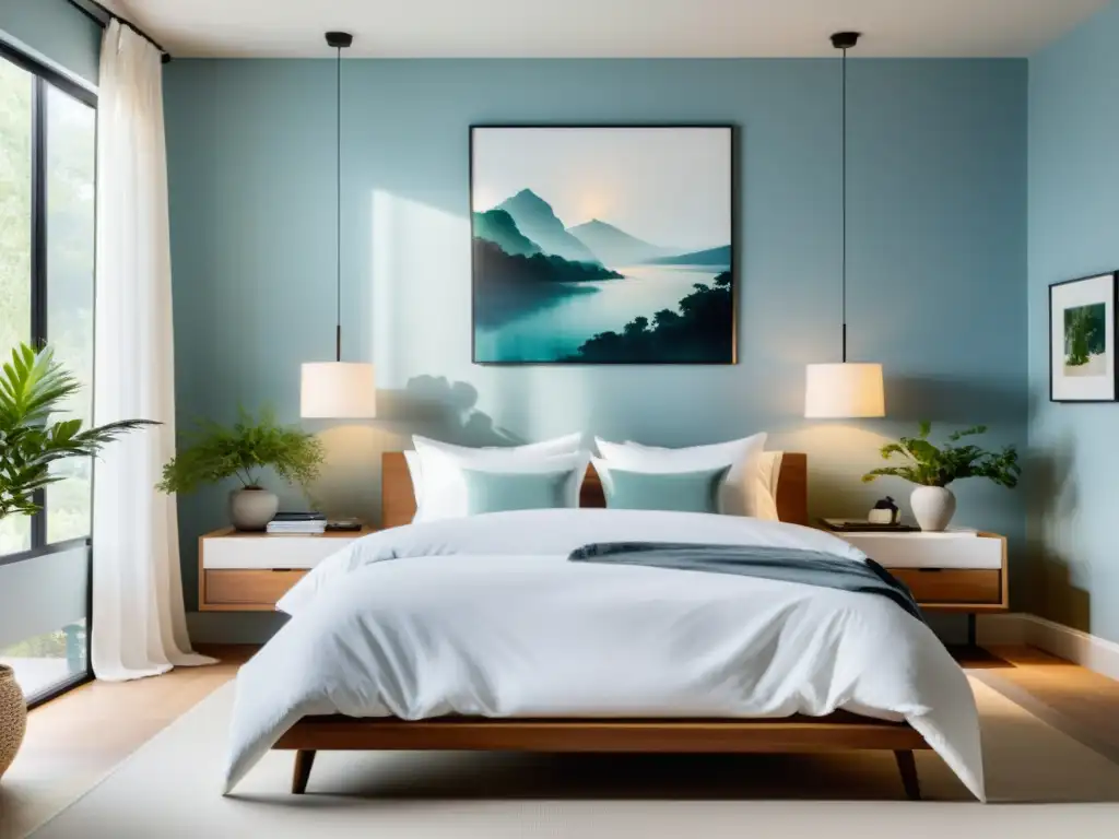 Repintando habitación con Feng Shui: Dormitorio minimalista con paredes azules y arte elegante, cama grande y plantas verdes