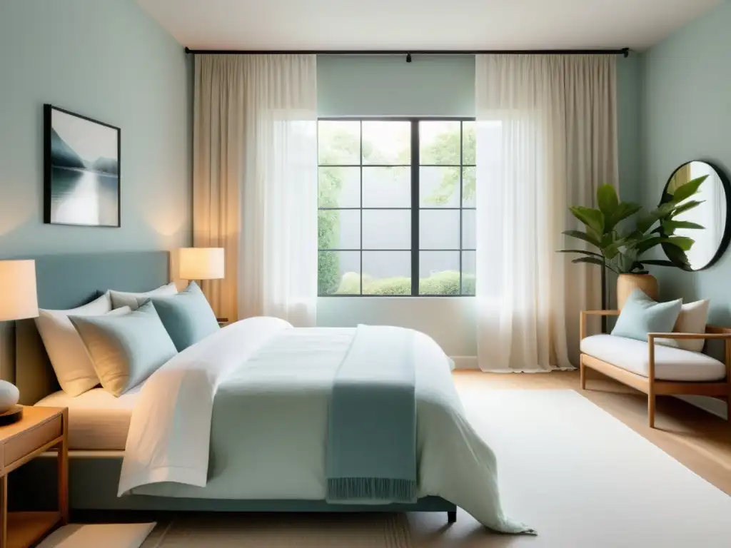 Repintando habitación con Feng Shui: Dormitorio minimalista y sereno en tonos pastel con luz natural suave y una cama impecablemente hecha