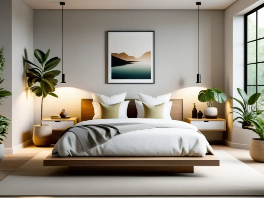 Diseño dormitorio armonía Feng Shui: Dormitorio minimalista con tonos suaves, cama grande despejada y elementos tranquilos que crean serenidad