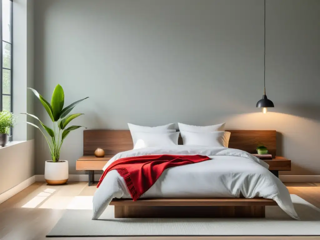 Un dormitorio minimalista con toques de rojo, armonía y psicología del color en feng shui