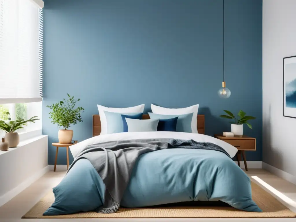 Un dormitorio sereno con cama deshecha, pared azul y elementos de Feng Shui para crear una atmósfera de calma y equilibrio