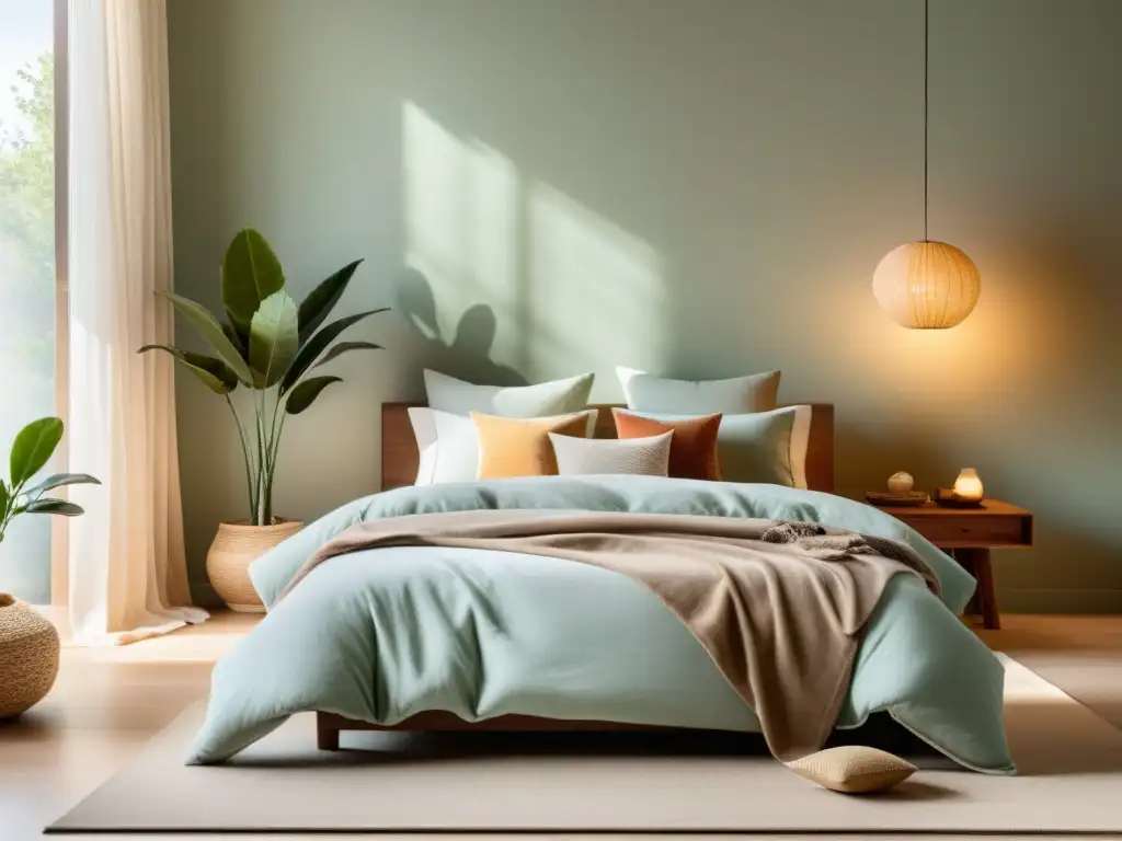 Un dormitorio sereno con elementos Feng Shui para un mejor sueño, decorado en tonos suaves y minimalistas, con una cama grande y acogedora