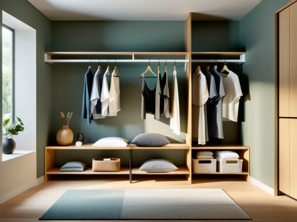 Un dormitorio sereno y minimalista con un armario perfectamente organizado con el método del Feng Shui