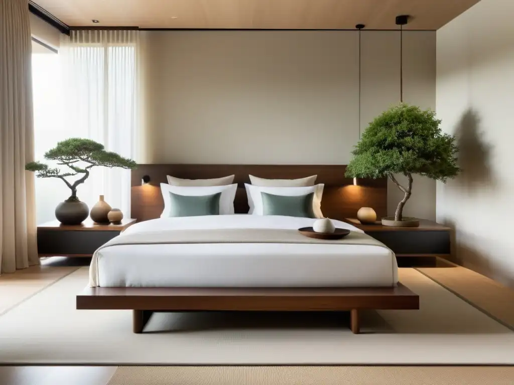 Un dormitorio sereno y minimalista con elementos de feng shui, colores suaves y energía tranquila