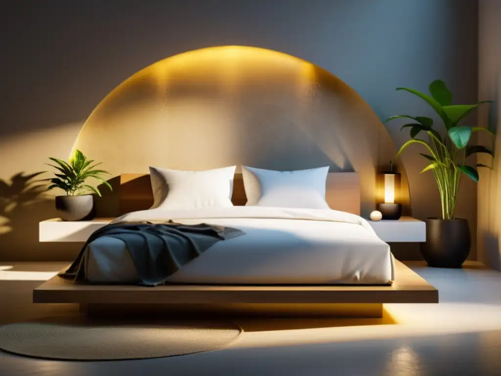 Un dormitorio sereno y minimalista con iluminación cálida y elementos de Feng Shui para una armonía perfecta