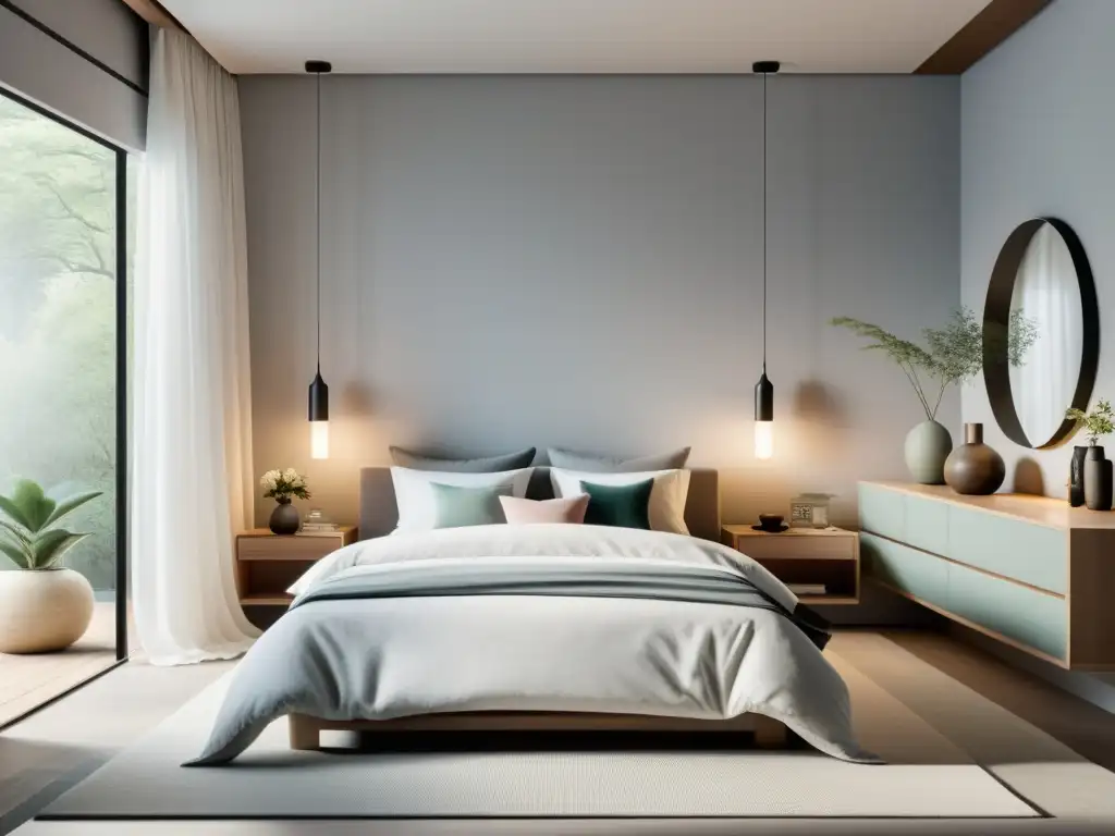 Repintando habitación con Feng Shui: Dormitorio sereno y minimalista con influencia Feng Shui, decorado en tonos suaves y luz natural