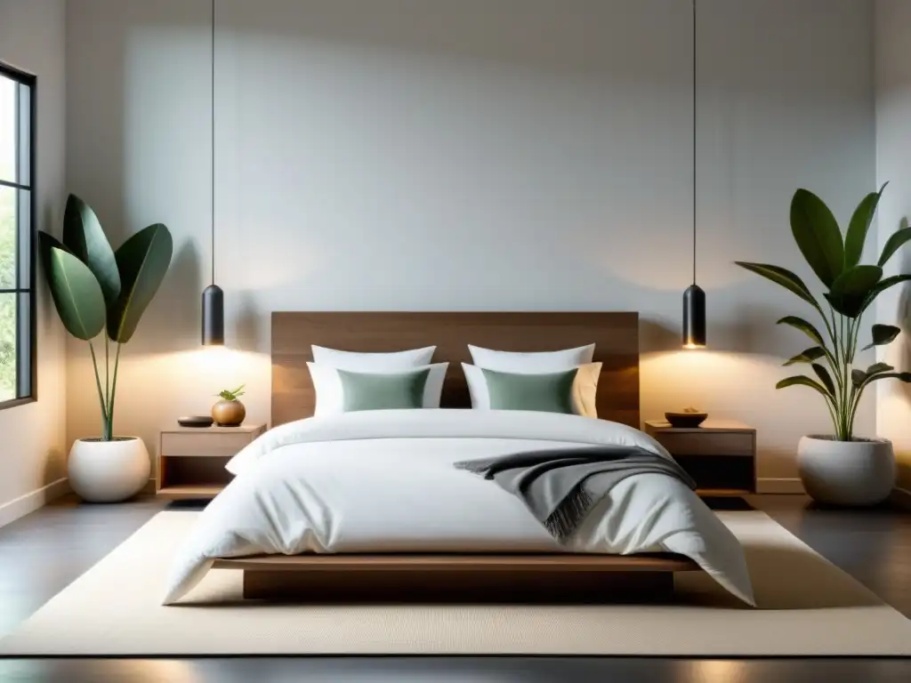 Diseño de dormitorio minimalista y sereno con cama y decoración armoniosa Un dormitorio sereno y minimalista con organización del hogar con Feng Shui, cama blanca, alfombra suave y plantas