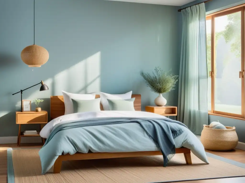 Un dormitorio sereno y minimalista con paredes de lavanda, ropa de cama blanca y muebles de madera natural