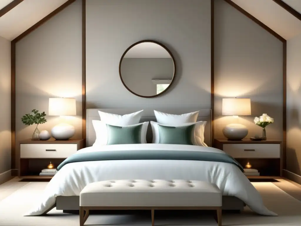 Un dormitorio sereno y minimalista con tonos suaves y neutros, una cama perfectamente hecha, decoración armoniosa y luz natural para el equilibrio