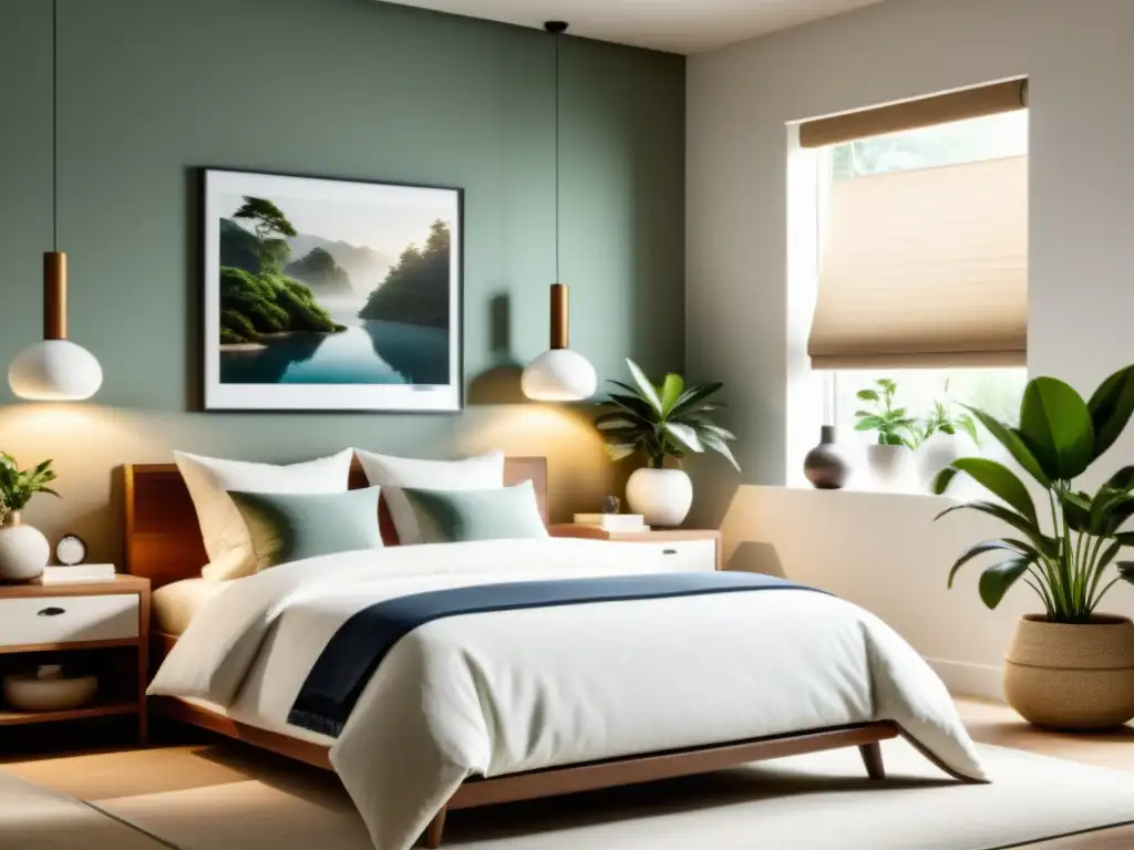 Un dormitorio sereno y ordenado con tonos suaves y neutros, una cama bien hecha y decoración armoniosa siguiendo principios de Feng Shui